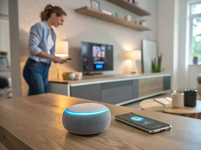 Amazon Alexa controlling smart home devices - Realistic AI-generated image
