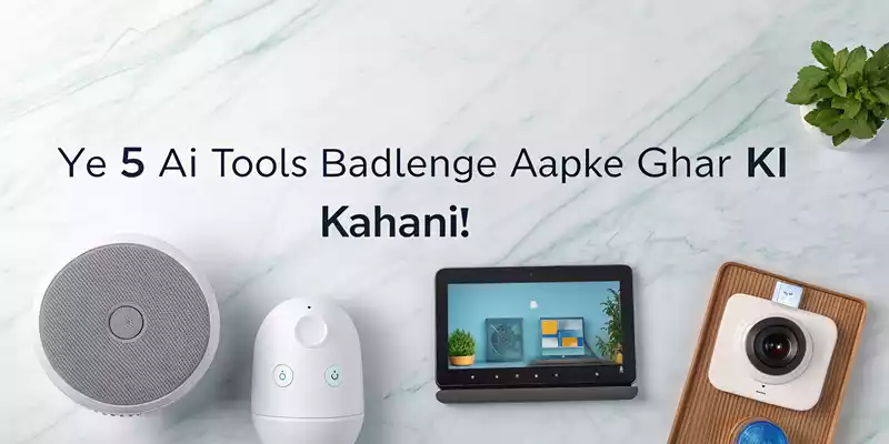 Image of a smart home with AI tools like Google Assistant, Roomba, and Canva AI for home design.

