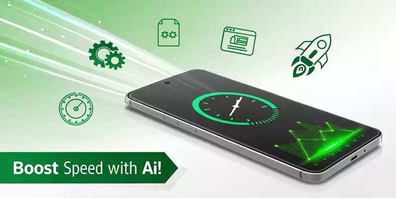 "Image showing a smartphone with a speedometer, illustrating how AI optimizes mobile performance