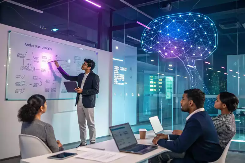 Indian AI researcher presenting holographic neural network in startup