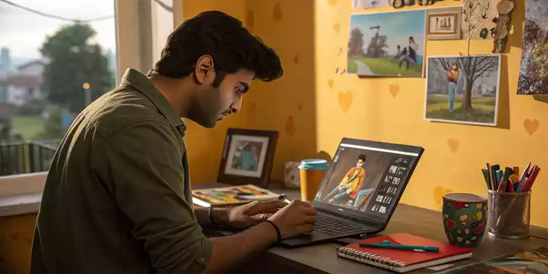 AI caricature maker free से फोटो को कार्टून में बदलता युवक  

