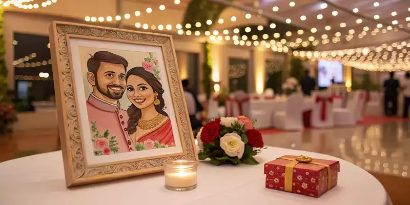शादी में प्रदर्शित wedding caricature AI फ्रेम  

