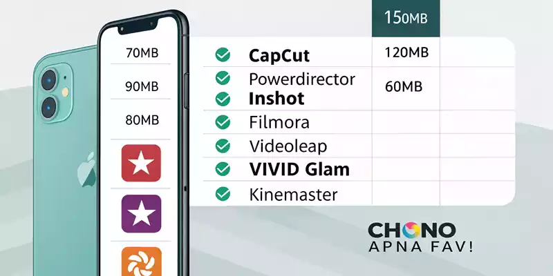Table of 7 free AI video editing apps with logos, sizes, and ratings