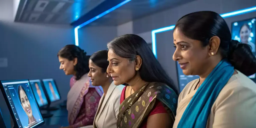 Digital tablet showing an AI woman avatar in a green saree, explaining what is an AI woman avatar."