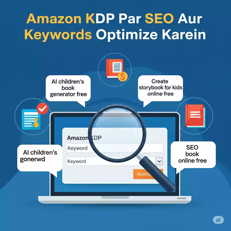 Infographic showing Amazon KDP keyword optimization with a magnifying glass