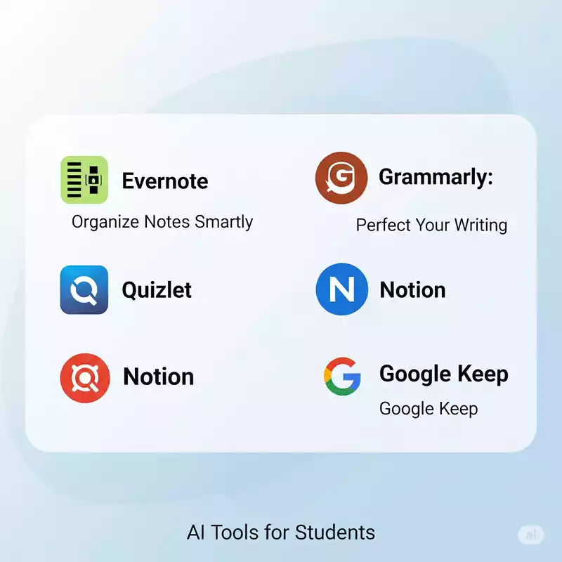 Infographic displaying top 5 AI tools for students with icons and taglines for Evernote,