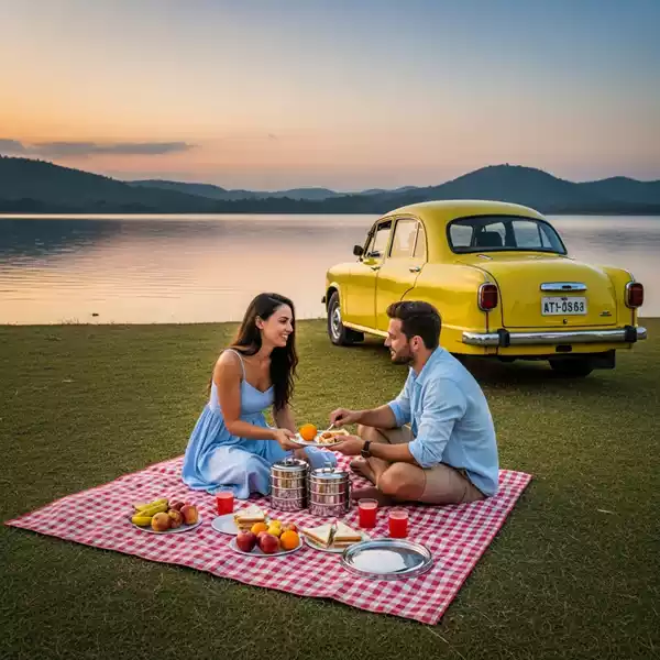 A couple having a picnic near a lake sitting on a mat with a steel tiffin box. Old Ambassador car parked nearby