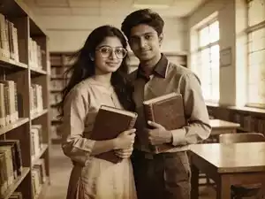 A vintage photo of a young Bengali couple in a college library, holding books. The girl has open hair and glasses, boy in a formal shirt. Sepia filter, 80s aesthetic, intellectual vibe.