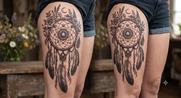 Boho dreamcatcher tattoo with feathers and
