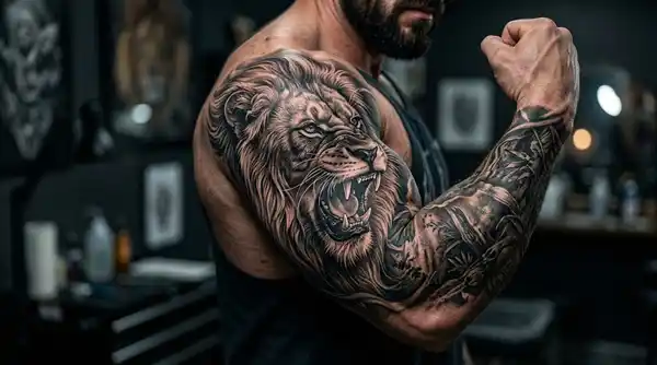 Ultra realistic roaring lion sleeve tattoo wrapping